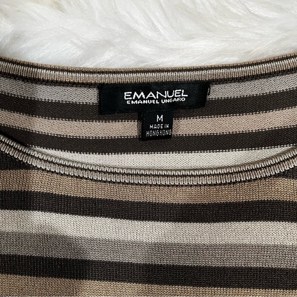 NEW Emanuel Ungaro Silk Striped Neutral Multi Fitted Layering Short Sleeve Top M - Picture 12 of 14